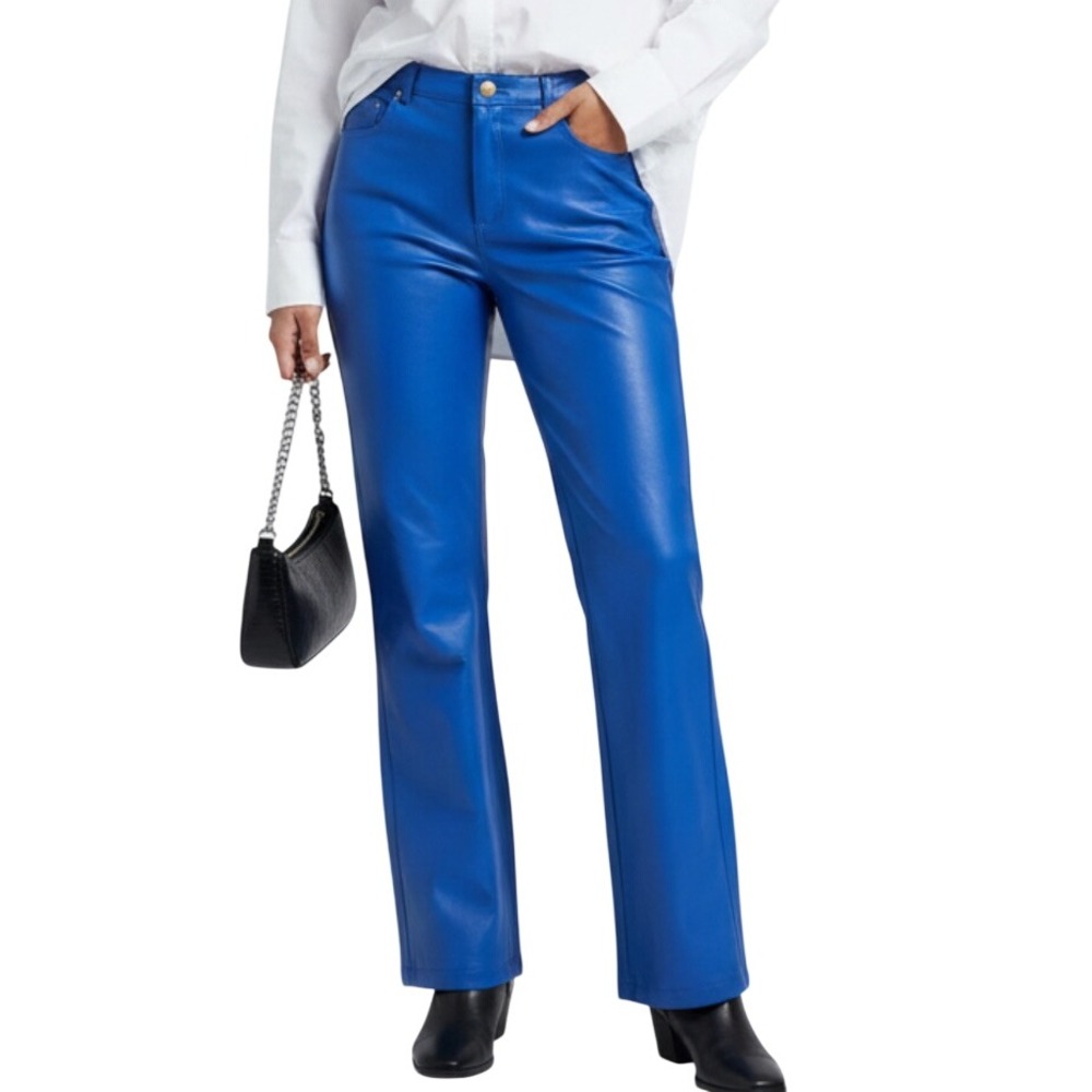 Vtg Y2K MetroStyle Leather Pants ROYAL BLUE Flare Wide-Leg HEAVYWEIGHT Lined 14P